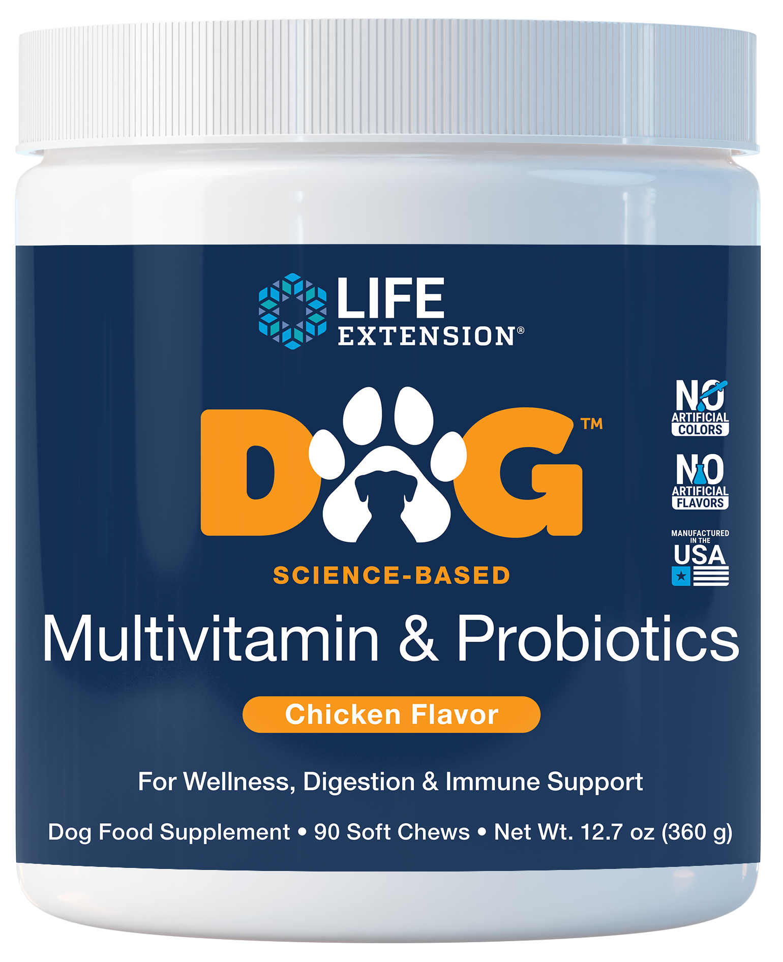 DOG Multivitamin & Probiotics besteht aus 90 weichen Kausnacks mit Hühnchengeschmack für die allgemeine Gesundheit, das Immunsystem und die Verdauung Ihres Hundes. 